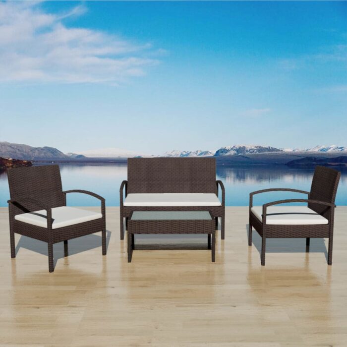 Salon de jardin 4 pcs avec coussins Résine tressée Marron – Image 1