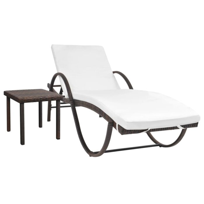 Chaise longue avec coussin et table Résine tressée Marron – Image 1