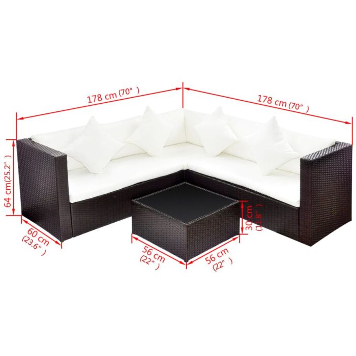 Salon de jardin 4 pcs avec coussins Résine tressée Marron – Image 2