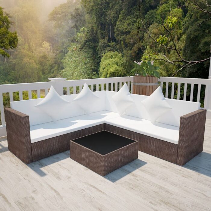 Salon de jardin 4 pcs avec coussins Résine tressée Marron – Image 1