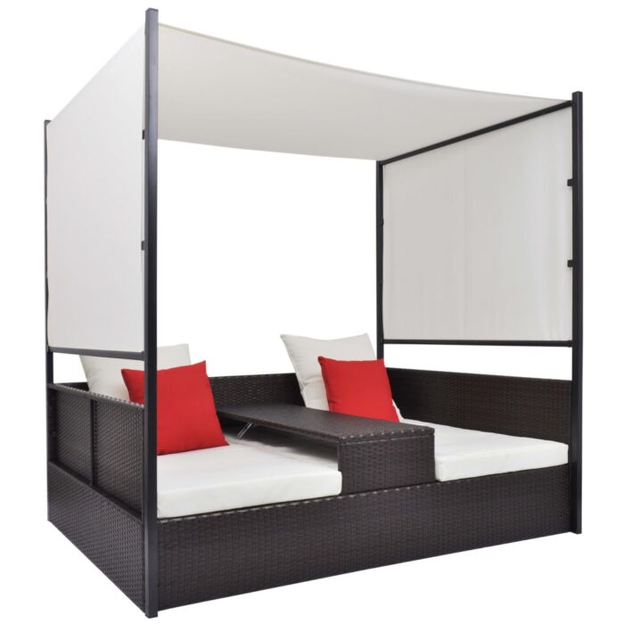 Lit de jardin avec auvent Marron 190x130 cm Résine tressée – Image 1