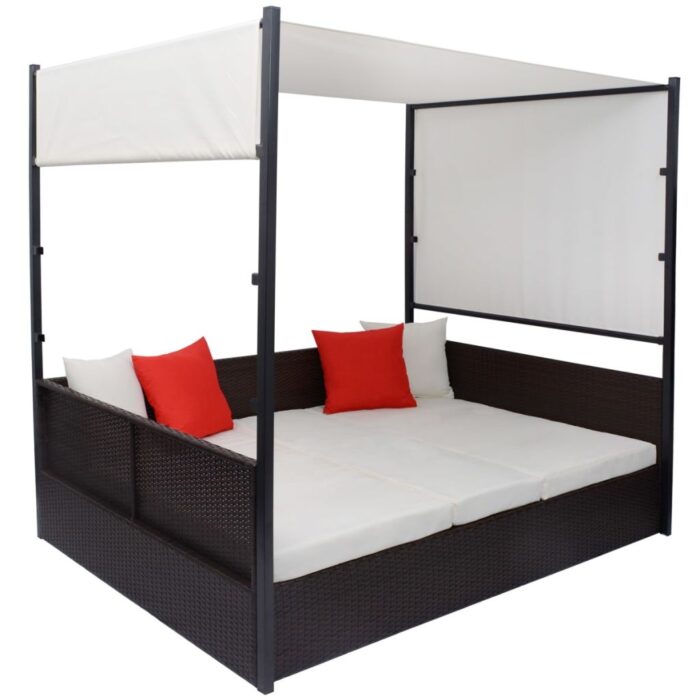Lit de jardin avec auvent Marron 190x130 cm Résine tressée – Image 2