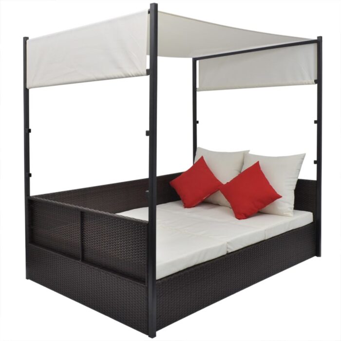 Lit de jardin avec auvent Marron 190x130 cm Résine tressée – Image 3