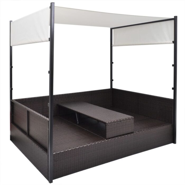 Lit de jardin avec auvent Marron 190x130 cm Résine tressée – Image 4