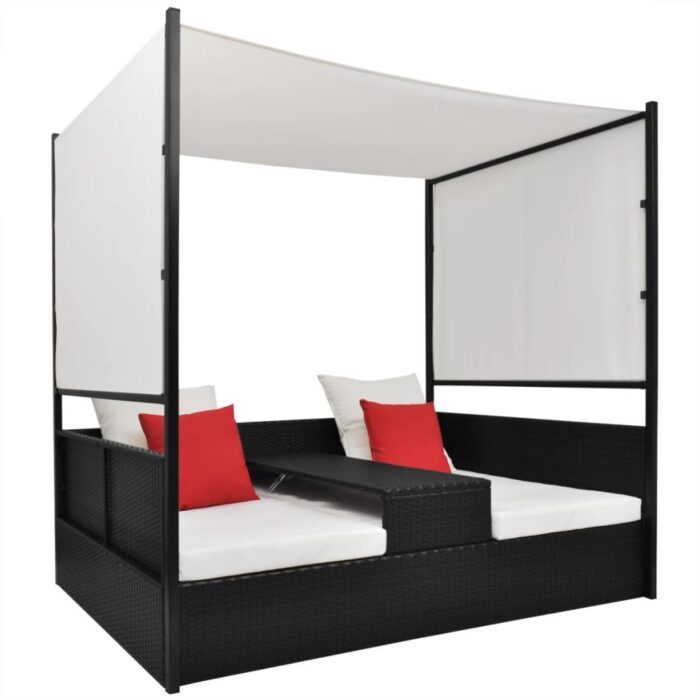 Lit de jardin avec auvent Noir 190x130 cm Résine tressée – Image 1