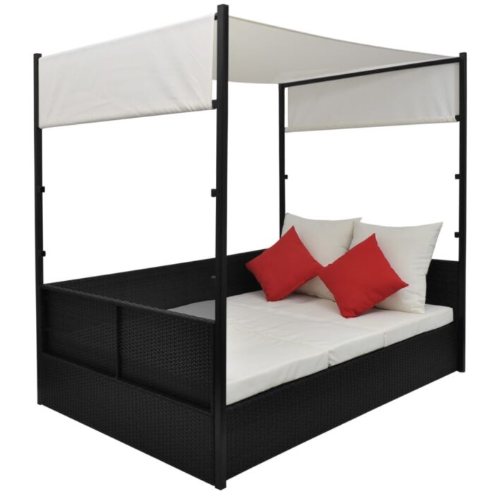 Lit de jardin avec auvent Noir 190x130 cm Résine tressée – Image 3