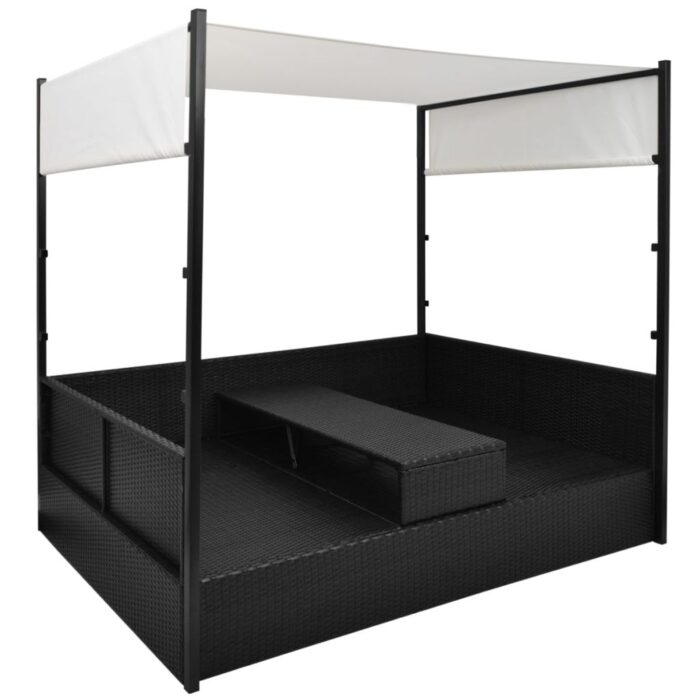 Lit de jardin avec auvent Noir 190x130 cm Résine tressée – Image 4