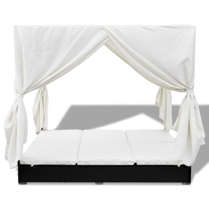 Chaise longue d'extérieur avec rideaux Résine tressée Noir – Image 2