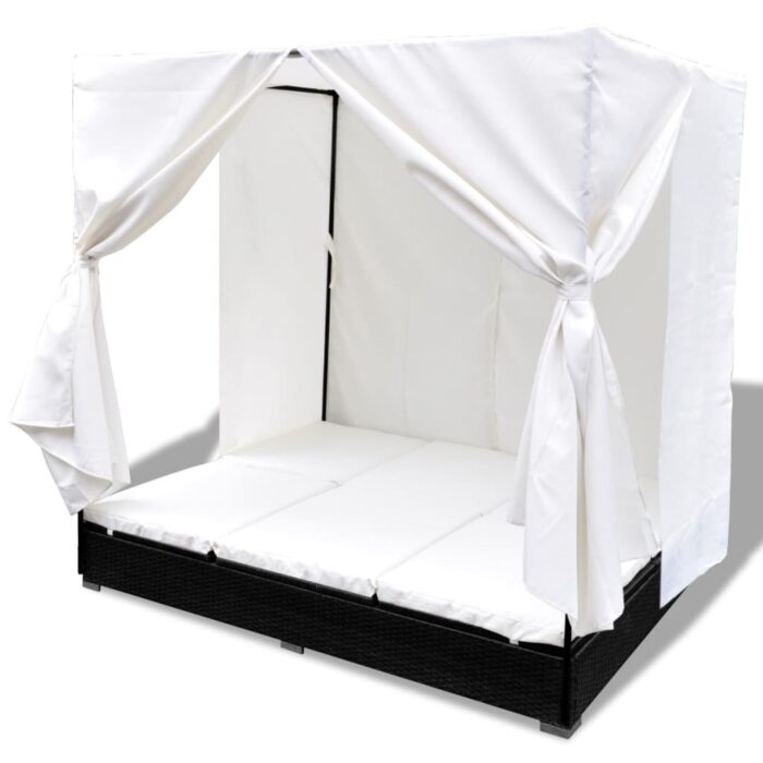 Chaise longue d'extérieur avec rideaux Résine tressée Noir – Image 3