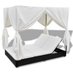Chaise longue d'extérieur avec rideaux Résine tressée Noir – Image 4