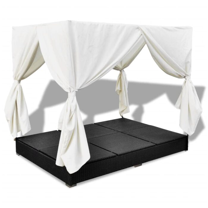 Chaise longue d'extérieur avec rideaux Résine tressée Noir – Image 6