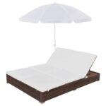 Chaise longue d'extérieur avec parasol Résine tressée Marron – Image 2
