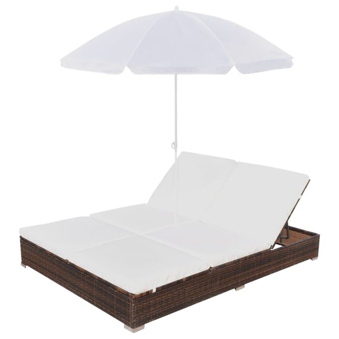 Chaise longue d'extérieur avec parasol Résine tressée Marron – Image 2