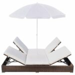 Chaise longue d'extérieur avec parasol Résine tressée Marron – Image 3