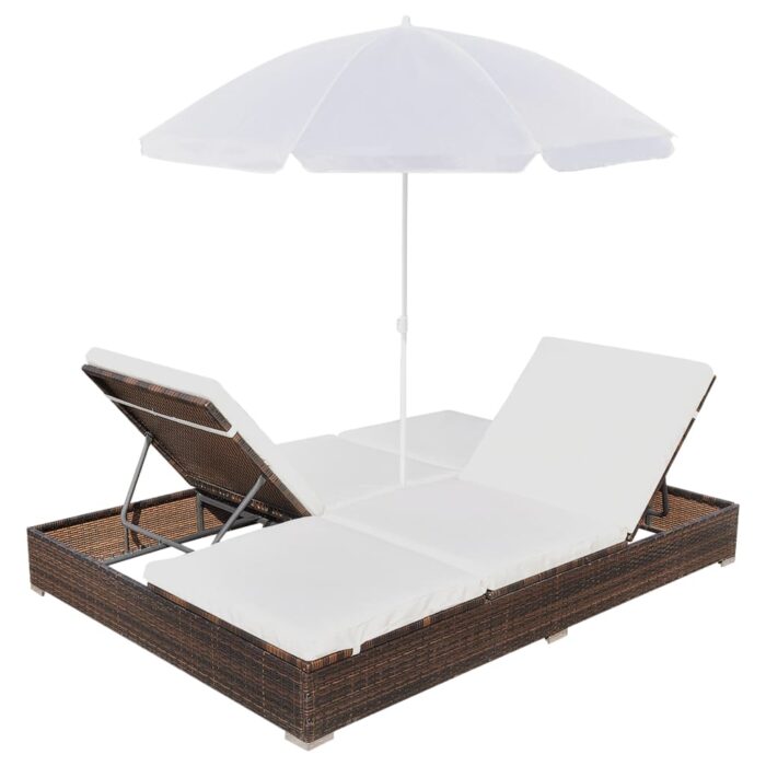 Chaise longue d'extérieur avec parasol Résine tressée Marron – Image 4