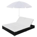 Chaise longue d'extérieur avec parasol Résine tressée Noir – Image 2
