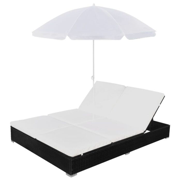 Chaise longue d'extérieur avec parasol Résine tressée Noir – Image 2