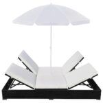 Chaise longue d'extérieur avec parasol Résine tressée Noir – Image 3