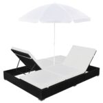 Chaise longue d'extérieur avec parasol Résine tressée Noir – Image 4