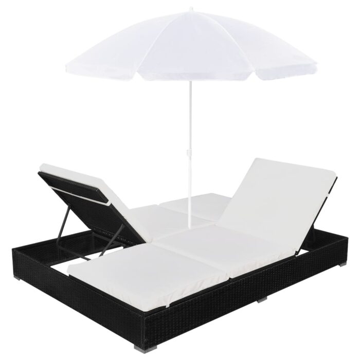 Chaise longue d'extérieur avec parasol Résine tressée Noir – Image 4