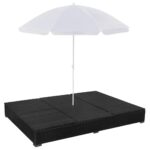 Chaise longue d'extérieur avec parasol Résine tressée Noir – Image 5