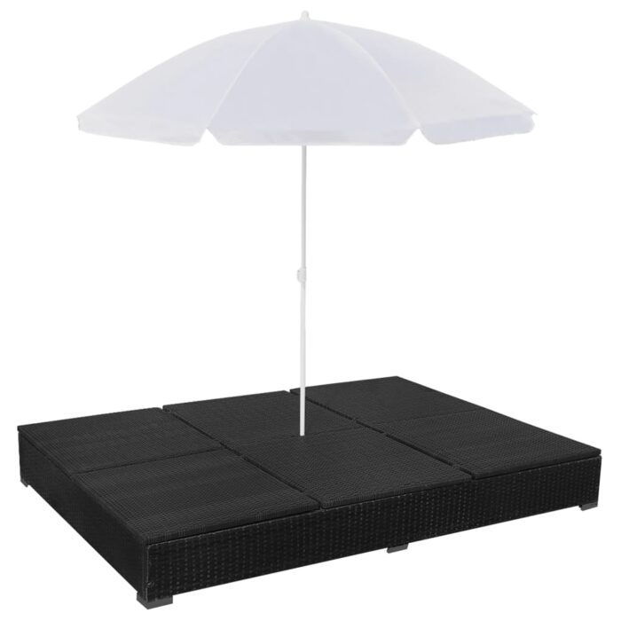 Chaise longue d'extérieur avec parasol Résine tressée Noir – Image 5