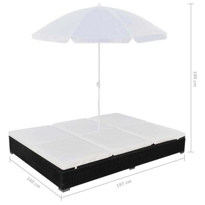 Chaise longue d'extérieur avec parasol Résine tressée Noir – Image 7