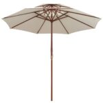 Parasol à deux étages avec poteau en bois blanc crème – Image 2