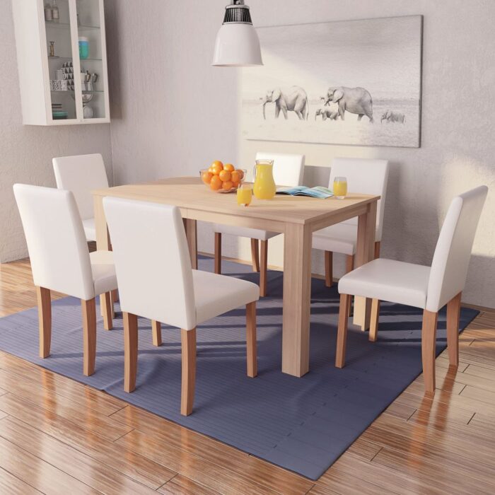 VXL8718475524250_m_en_hd_1.jpg Table et chaises 7 pcs Cuir synthétique Chêne Couleur crème – Image 1