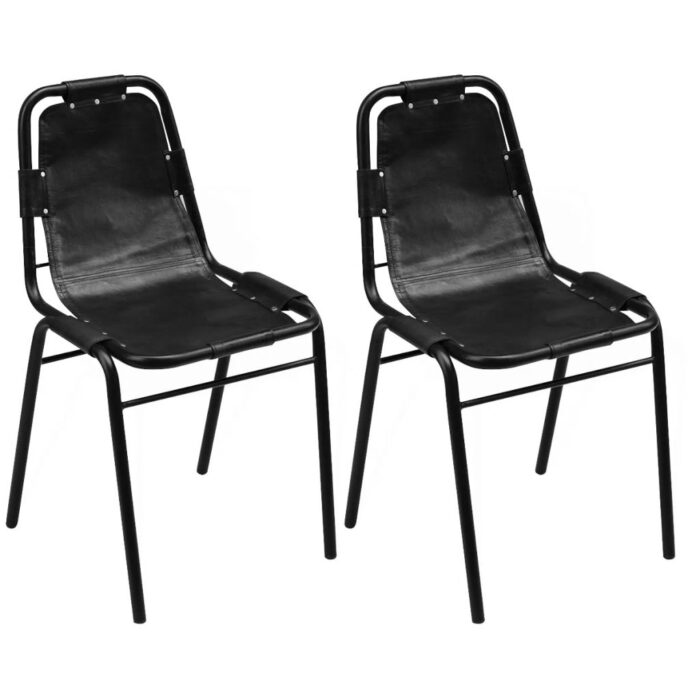 Chaises à manger lot de 2 noir cuir véritable – Image 1