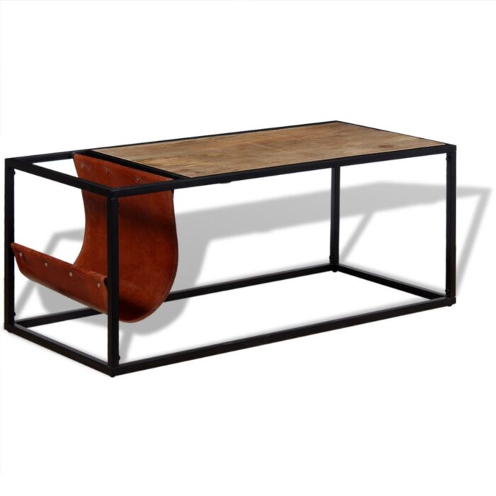 Table basse avec porte-revues Cuir véritable 110x50x45 cm – Image 3