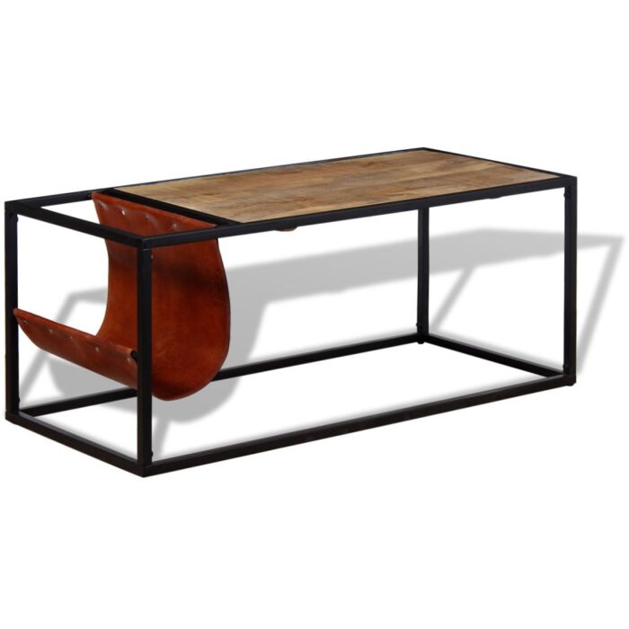 Table basse avec porte-revues Cuir véritable 110x50x45 cm – Image 4