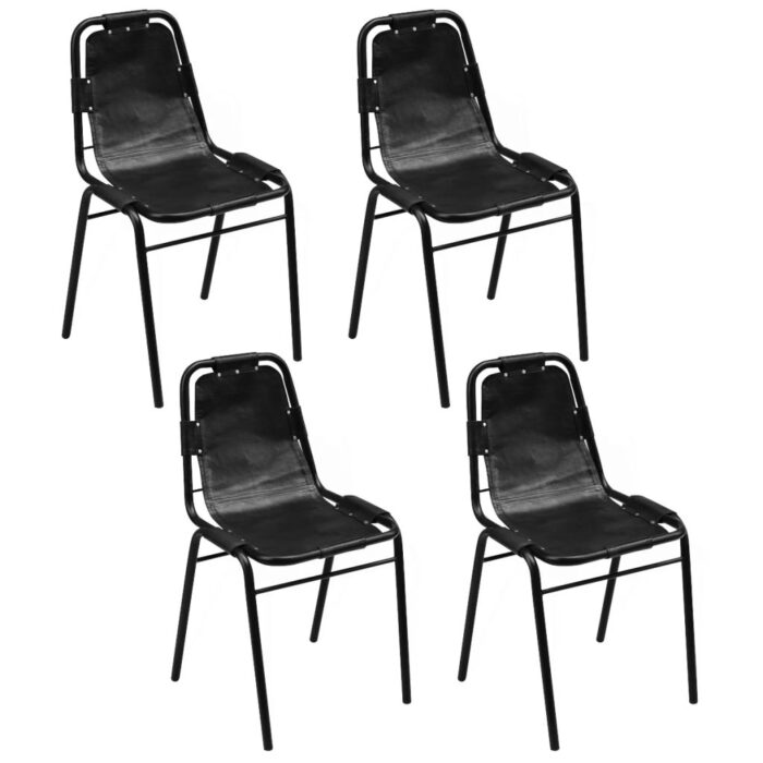 Chaises à manger lot de 4 noir cuir véritable – Image 1