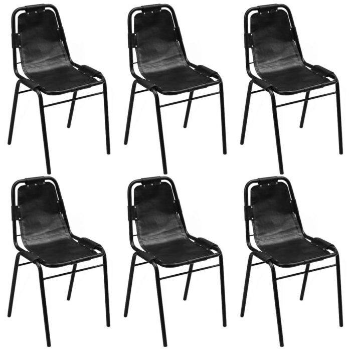 Chaises à manger lot de 6 noir cuir véritable – Image 1