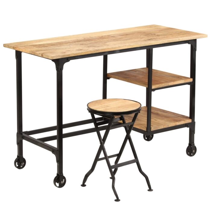 Bureau avec tabouret pliant Bois de manguier massif 115x50x76cm – Image 10