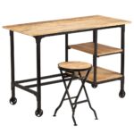 Bureau avec tabouret pliant Bois de manguier massif 115x50x76cm – Image 11