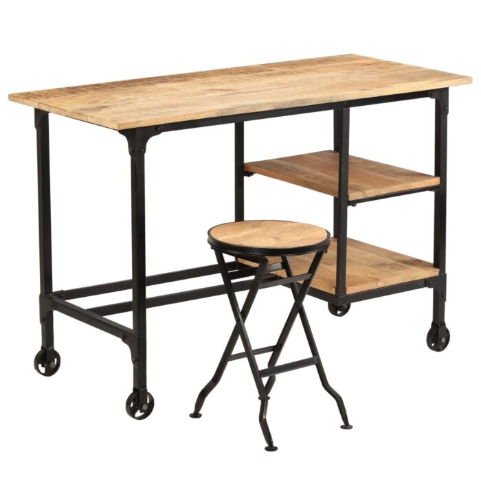 Bureau avec tabouret pliant Bois de manguier massif 115x50x76cm – Image 11