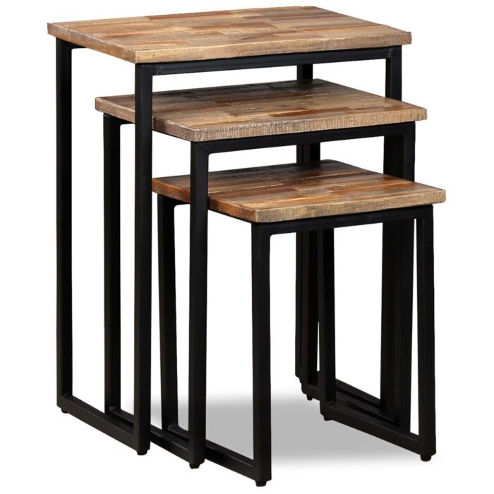 Ensemble de table basse gigogne 3 pcs Teck massif récupération – Image 10