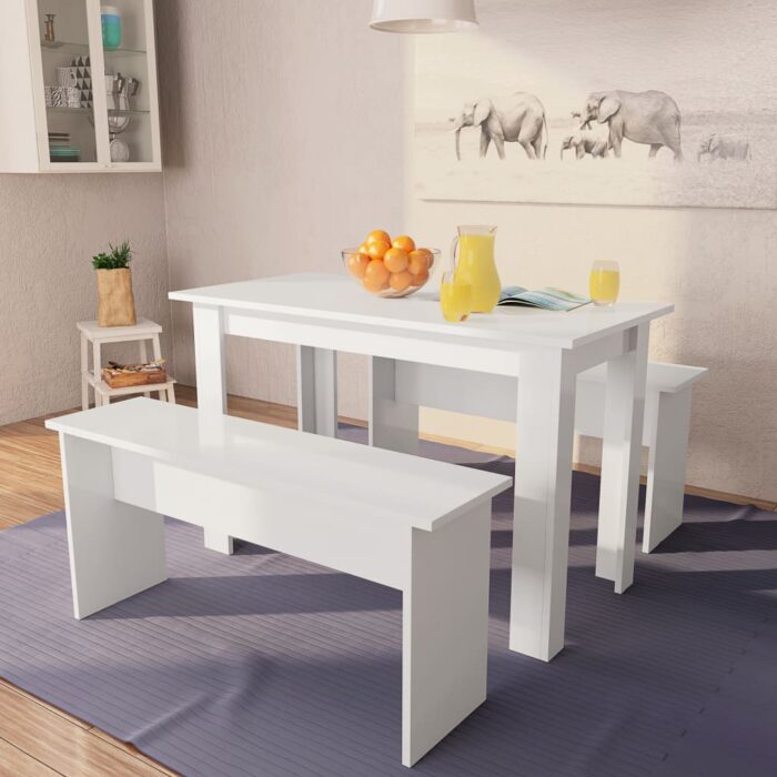 Table de salle à manger et bancs 3 pcs Bois d'ingénierie Blanc – Image 1