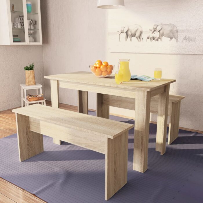 Table à manger et bancs 3 pcs Bois d'ingénierie Chêne – Image 1
