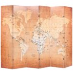 Cloison de séparation pliable 228 x 170 cm Carte du monde Jaune