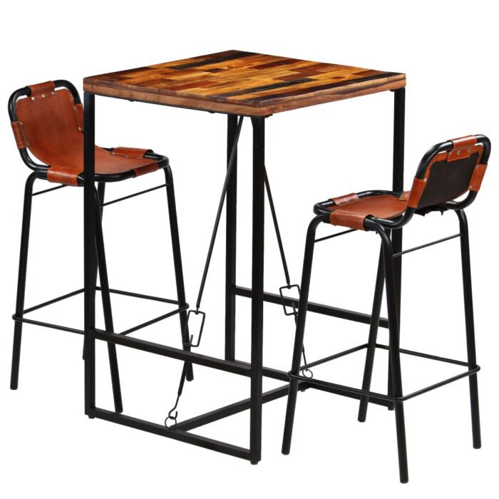 Ensemble de bar 3 pcs Bois massif recyclé et cuir de chèvre – Image 12