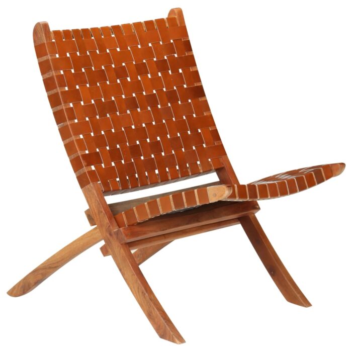 Chaise pliable bandes croisées marron cuir véritable – Image 1