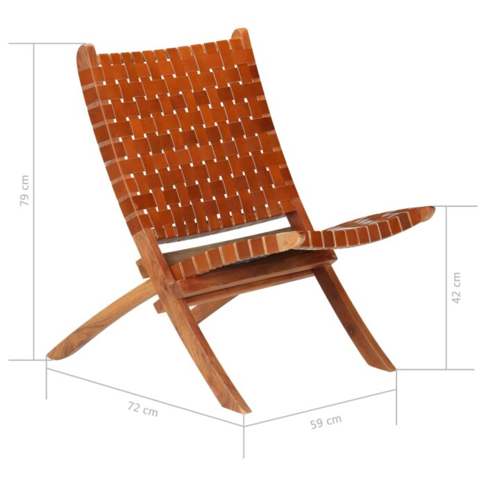 Chaise pliable bandes croisées marron cuir véritable – Image 11