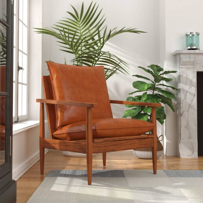 Fauteuil Marron Cuir véritable avec bois d'acacia – Image 1