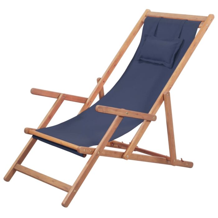 Chaise pliable de plage Tissu et cadre en bois Bleu – Image 1