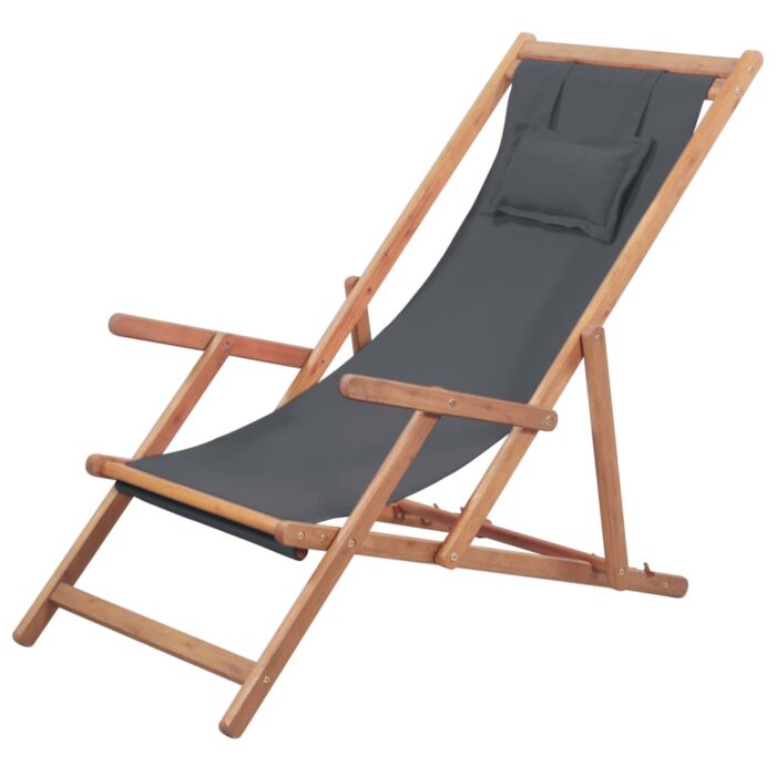 Chaise pliable de plage Tissu et cadre en bois Gris – Image 1