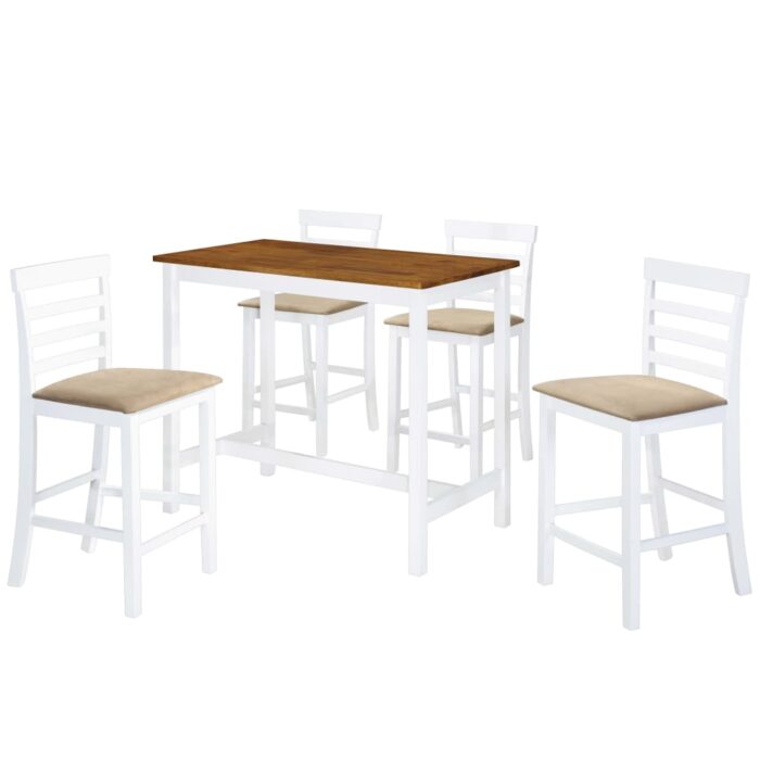Table et chaises de bar 5 pcs Bois massif Marron et blanc – Image 1