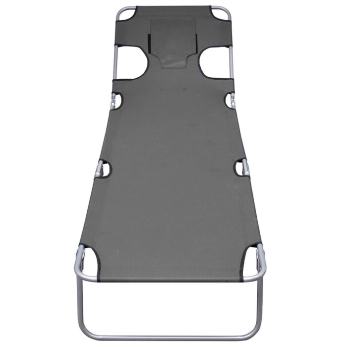 Chaise longue pliable et coussin de tête Dossier réglable Gris – Image 3