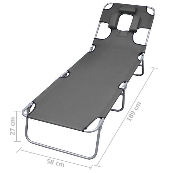 Chaise longue pliable et coussin de tête Dossier réglable Gris – Image 6